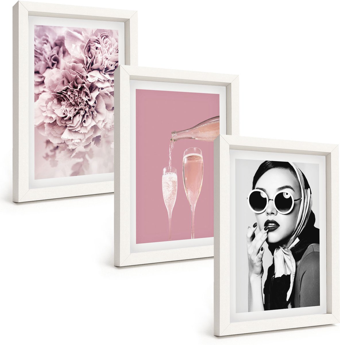 Wallfluent 3-Delige Schilderij Set - Bloemen In Verschillende Tinten Roze En Een Elegante Vrouw - 20 x 30 - Wanddecoratie - Muurdecoratie - Moderne Interieurdecoratie - Woonkamer Decoratie