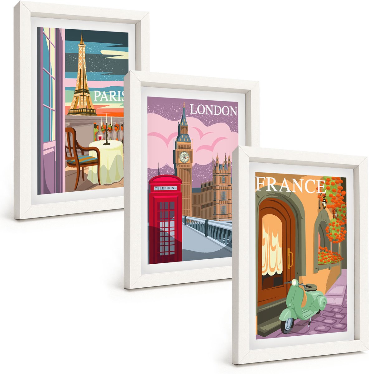 Wallfluent 3-Delige Schilderij Set - Retro Stadsgezichten Van Parijs, Londen En Frankrijk - 20 x 30 - Stijlvolle Wanddecoratie - Interieur - Moderne Wanddecoratie