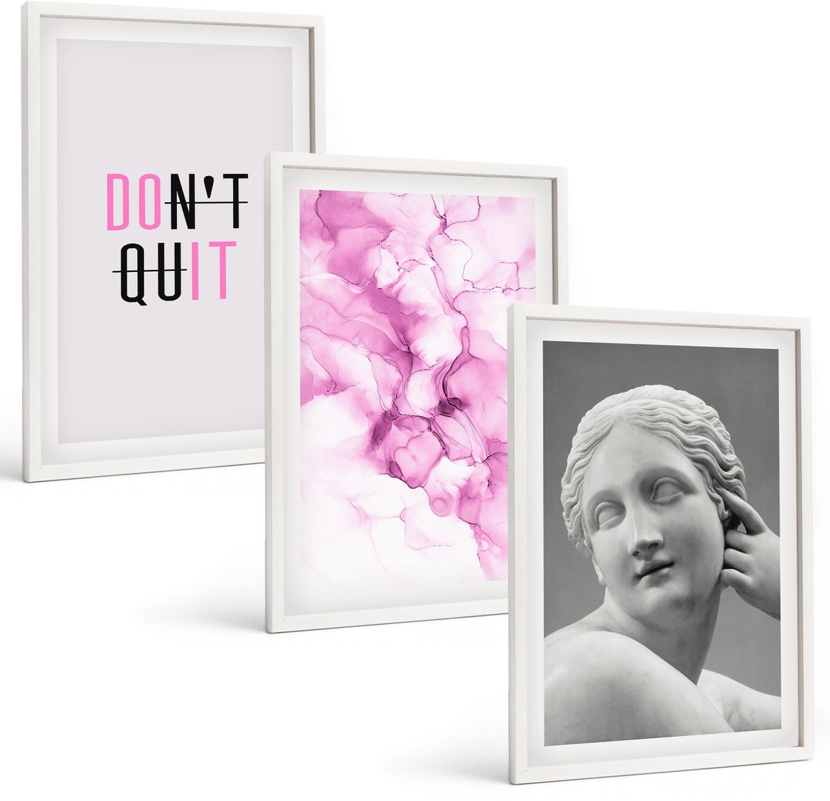 Wallfluent 3-Delige Schilderij Set - Aquarel Abstractie Inspirerende Slogan Oude Beeldhouwkunst - 40 x 60 - Stijlvolle Muurdecoratie - Slaapkamer - Decoratieve Schilderijen