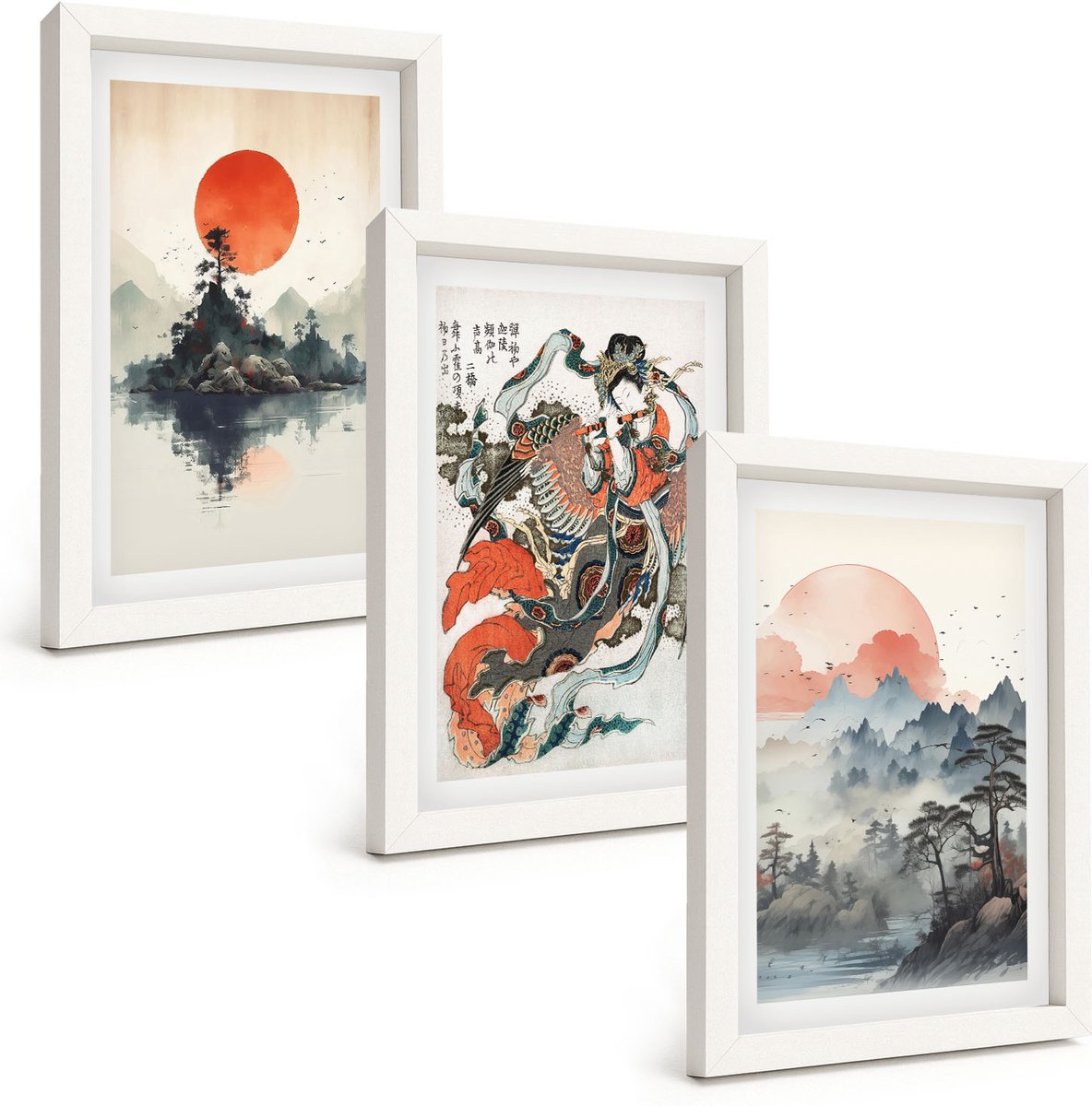 Wallfluent 3-Delige Schilderij Set - Aziatische Schilderijen: Landschappen En Portretten In De Japandi-Stijl. - 20 x 30 - Muurdecoratie - Wanddecoratie - Slaapkamer - Interieur Decoratie