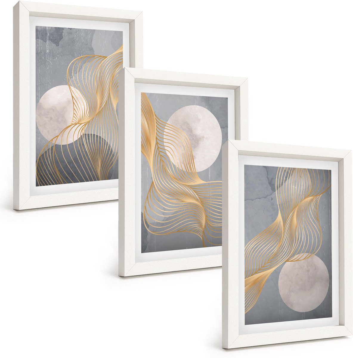 Wallfluent 3-Delige Schilderij Set - Abstracte Patronen Met Golven En Cirkels Op Een Grijze Achtergrond. - 20 x 30 - Decoratieve Schilderijen - Wanddecoratie - Hal - Interieur Decoratie