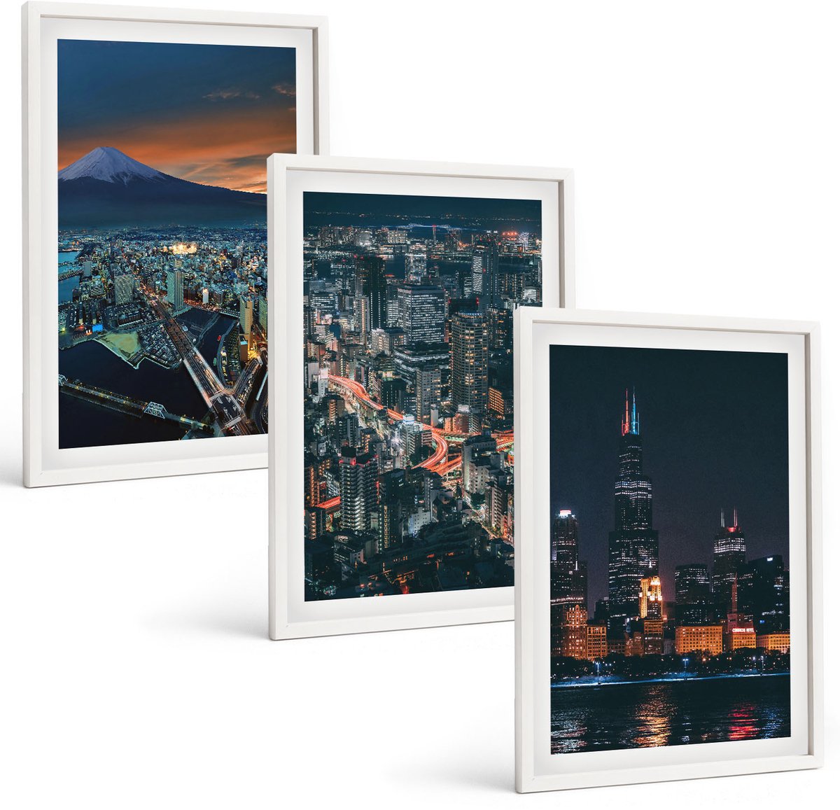 Wallfluent 3-Delige Schilderij Set - Uitzicht Op De Stad 'S Nachts Vanaf De Bergen Met Wolkenkrabbers - 40 x 60 - Wanddecoratie - Schilderijen Set - Interieur - Muurdecoratie