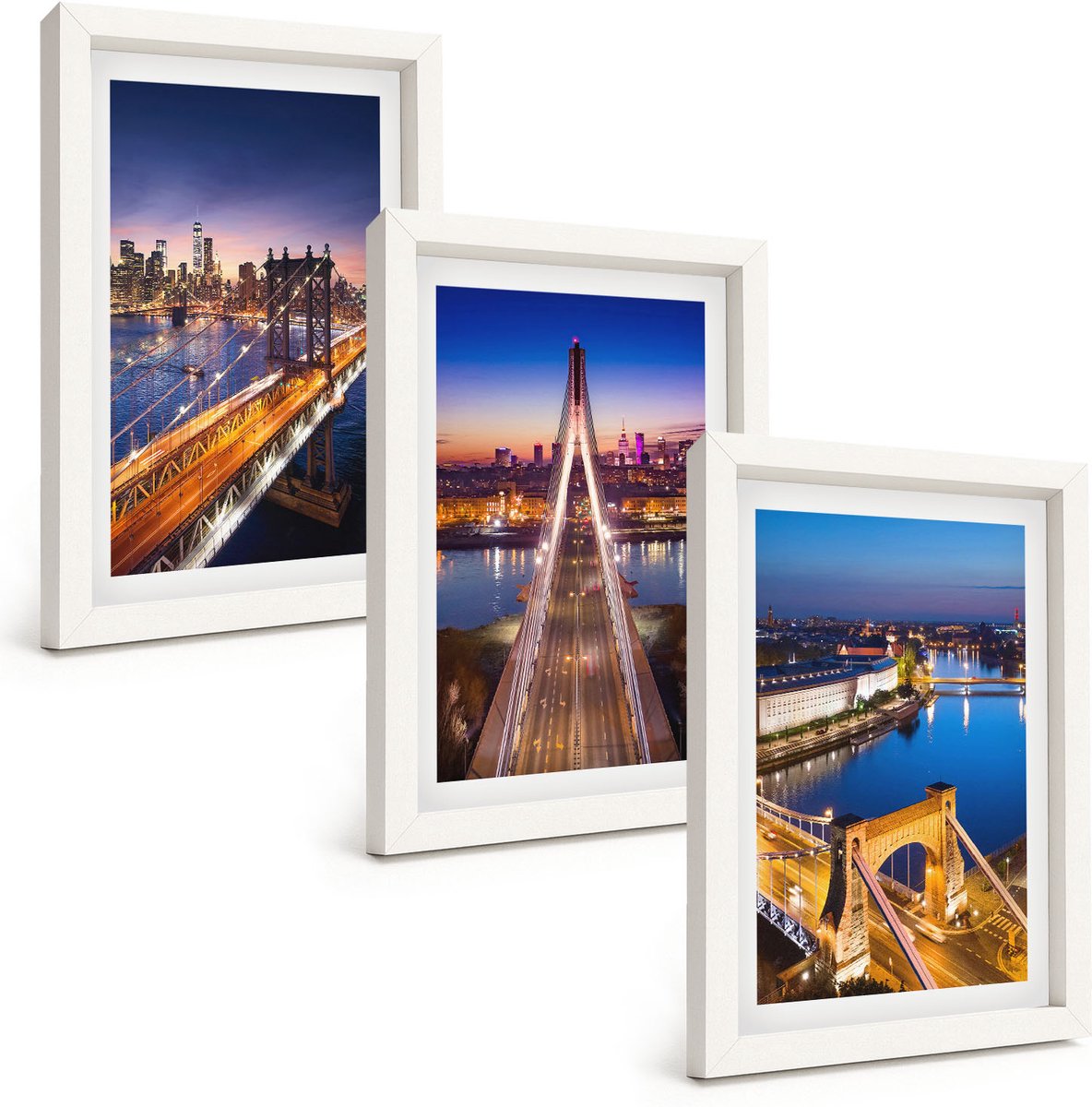 Wallfluent 3-Delige Schilderij Set - Stadsgezichten 'S Nachts Met Bruggen En Rivieren - 20 x 30 - Decoratieve Schilderijen - Woonkamer - Interieur - Woonkamer Decoratie