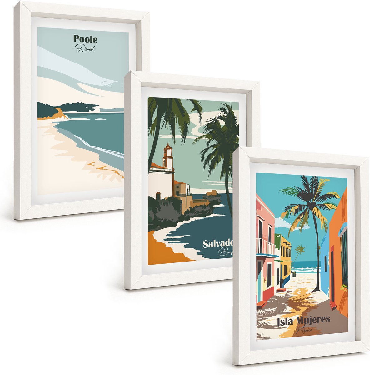 Wallfluent 3-Delige Schilderij Set - Tropische Landschappen Met Stranden En Palmbomen - 20 x 30 - Muurdecoratie - Wanddecoratie - Slaapkamer