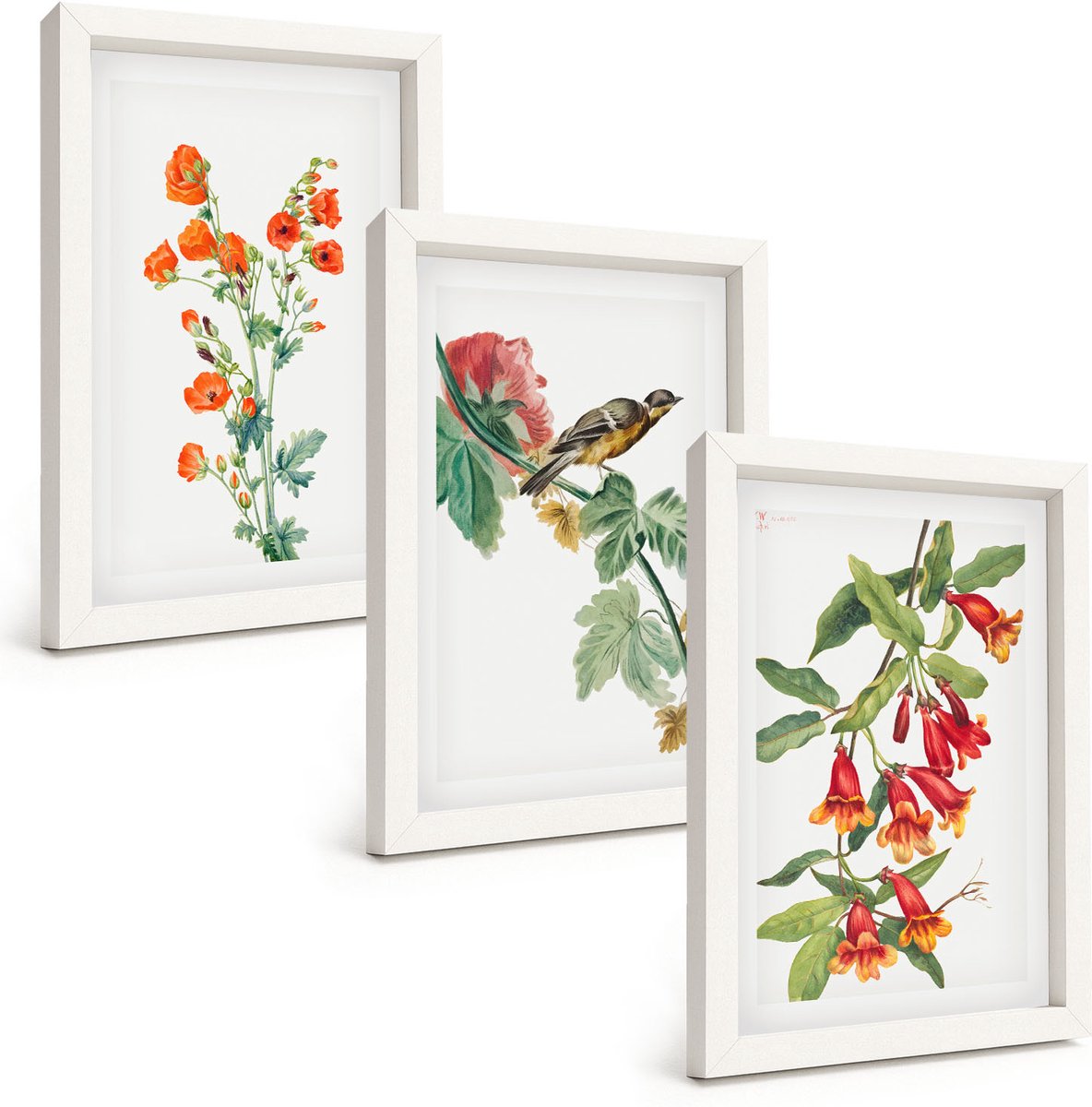 Wallfluent 3-Delige Schilderij Set - Geschilderde Retro Bloemen En Een Vogel Op Een Tak - 20 x 30 - Wanddecoratie - Muurdecoratie - Woonkamer - Moderne Wanddecoratie