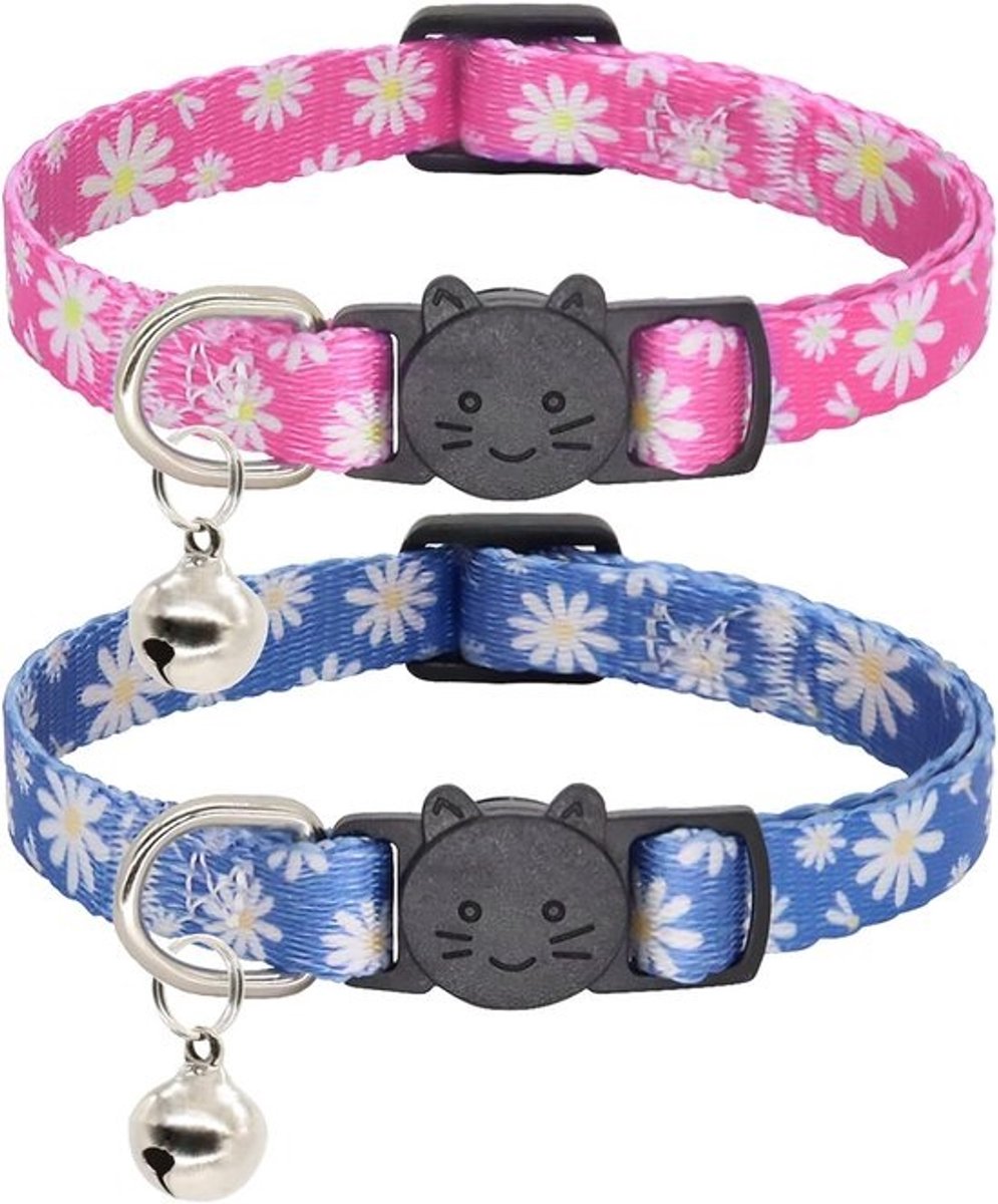 2x Veiligheids-Kattenhalsband met Belletjes en Gesp - Verstelbaar voor Kittens en Volwassen Katten (Blauw & Roze)