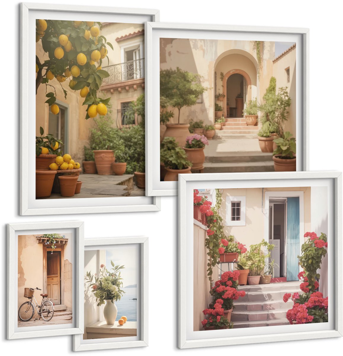 Wallfluent 5-Delige Schilderij Set - Sfeervolle Straten Met Bloemen En Citrusbomen In Provençaalse Stijl. - 50 x 50 cm, 20 x 30 cm En 40 x 60 cm - Stijlvolle Muurdecoratie - Kantoor - Moderne Wanddecoratie