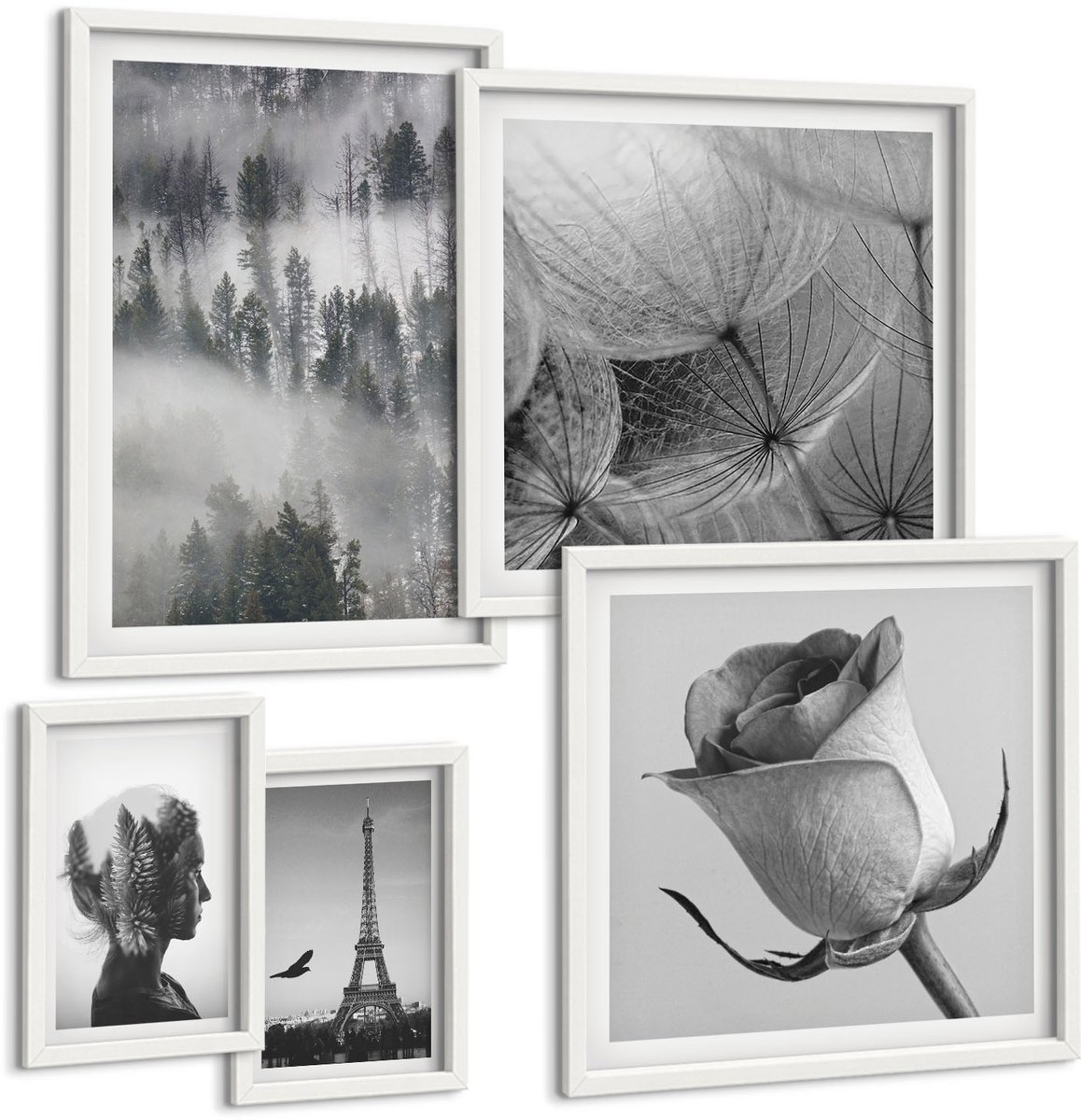 Wallfluent 5-Delige Schilderij Set - Inspiratie In Zwart-Wit Met Natuur En Europese Steden - 50 x 50 cm, 20 x 30 cm En 40 x 60 cm - Schilderijen Set - Wanddecoratie - Woonkamer - Woonkamer Decoratie