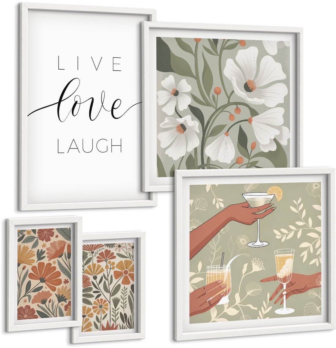 Wallfluent 5-Delige Schilderij Set - Stijlvolle Afbeeldingen Met Bloemenmotieven En Positieve Slogans. - 50 x 50 cm, 20 x 30 cm En 40 x 60 cm - Decoratieve Schilderijen - Wanddecoratie - Hal - Muurdecoratie