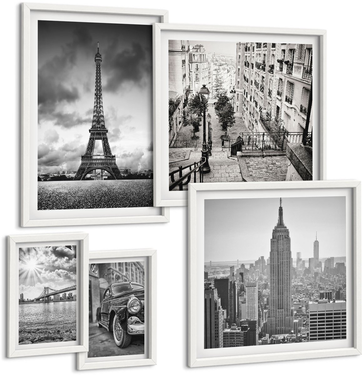 Wallfluent 5-Delige Schilderij Set - Stedelijke Landschappen Met Iconen Van Wereldarchitectuur - 50 x 50 cm, 20 x 30 cm En 40 x 60 cm - Muurdecoratie - Wanddecoratie - Slaapkamer - Moderne Wanddecoratie