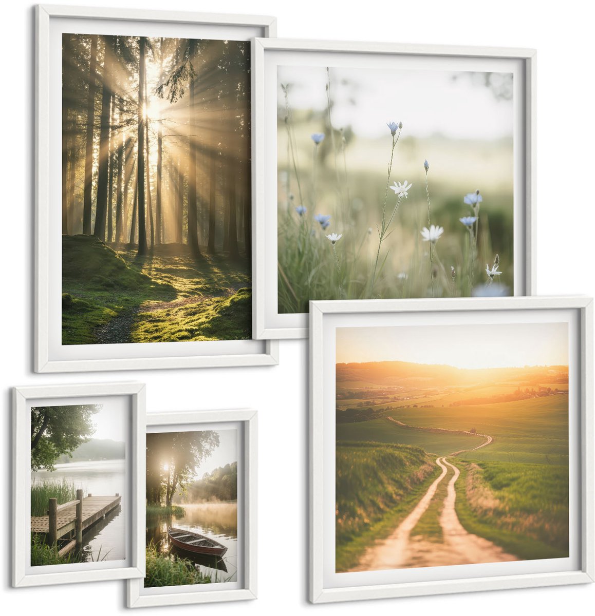Wallfluent 5-Delige Schilderij Set - Boslandschappen Met Zonnestralen En Kalm Water - 50 x 50 cm, 20 x 30 cm En 40 x 60 cm - Wanddecoratie - Schilderijen Set - Kantoor