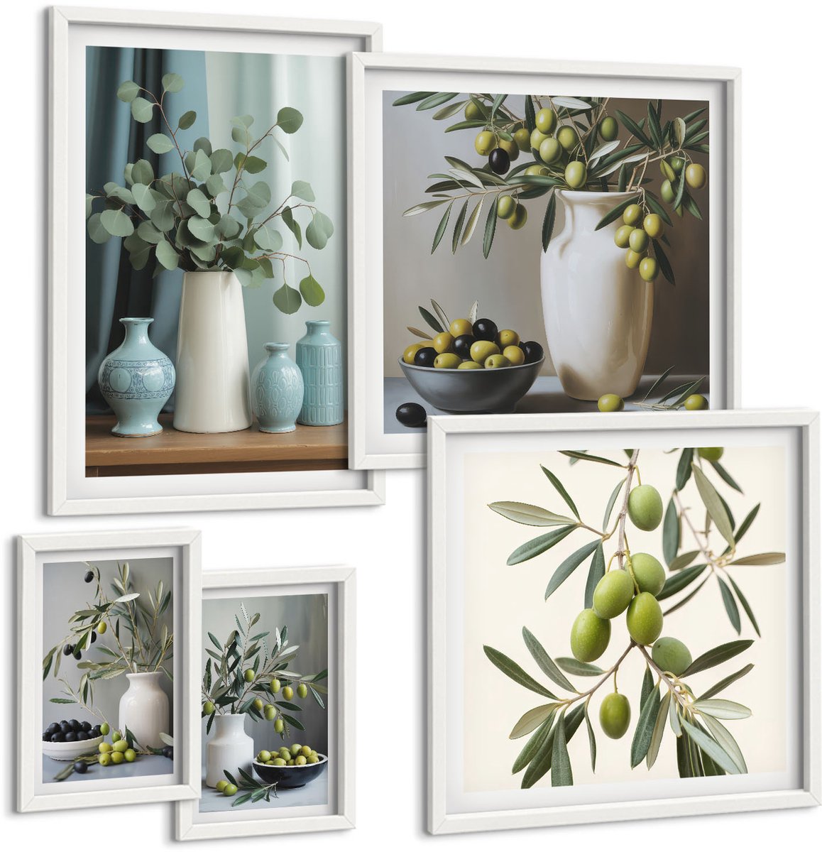 Wallfluent 5-Delige Schilderij Set - Groene Olijven En Bloemen In Scandinavische Stijl - 50 x 50 cm, 20 x 30 cm En 40 x 60 cm - Wanddecoratie - Schilderijen Set - Interieur - Woonkamer Decoratie