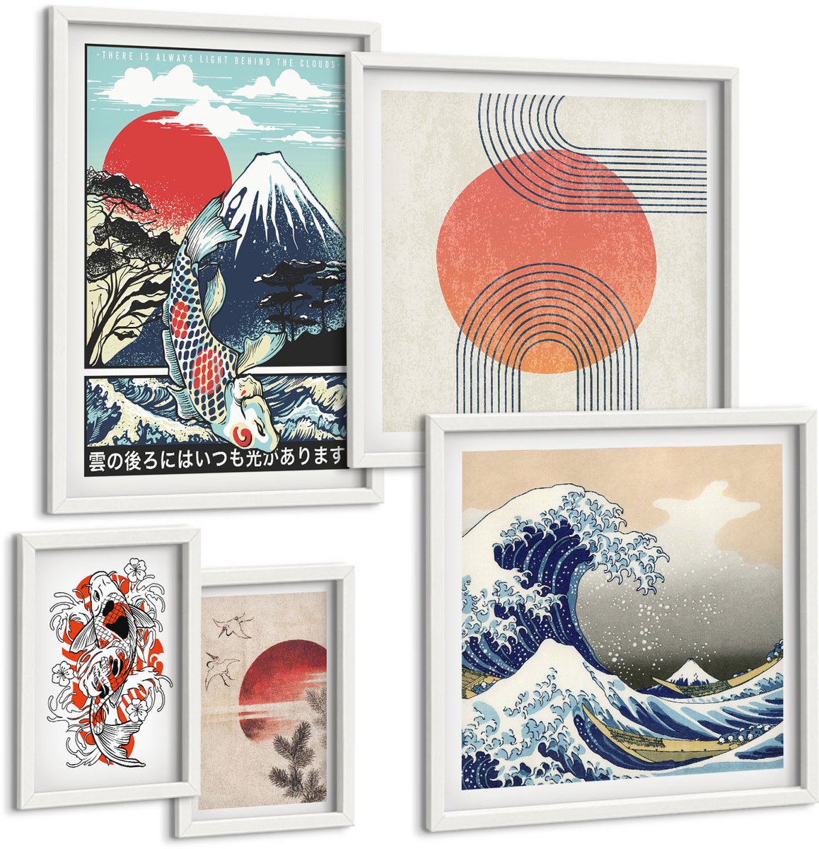 Wallfluent 5-Delige Schilderij Set - Japanse Kunst: Golfmotieven En Traditionele Patronen - 50 x 50 cm, 20 x 30 cm En 40 x 60 cm - Decoratieve Schilderijen - Wanddecoratie - Hal - Moderne Wanddecoratie