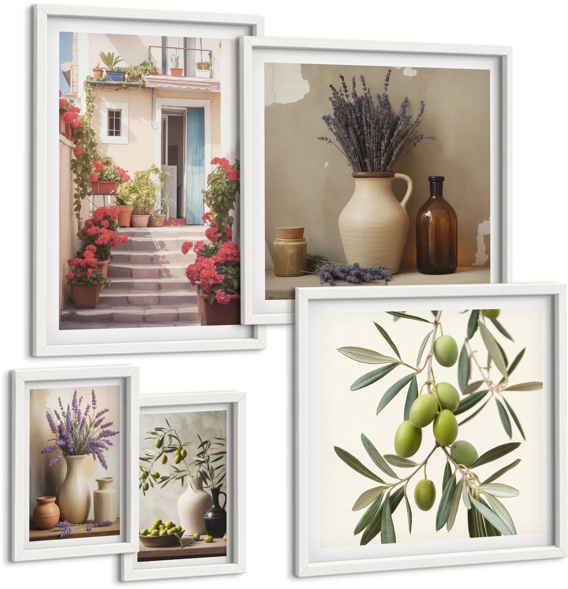 Wallfluent 5-Delige Schilderij Set - Stijlvol Interieur Met Bloemen En Fruit In Een Rustieke Sfeer. - 50 x 50 cm, 20 x 30 cm En 40 x 60 cm - Moderne Wanddecoratie - Woonkamer