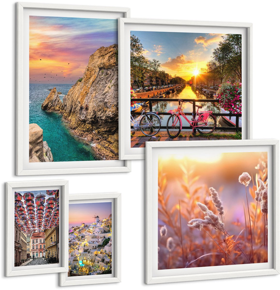 Wallfluent 5-Delige Schilderij Set - Kustlandschappen En Charmante Stadjes Van Europa - 50 x 50 cm, 20 x 30 cm En 40 x 60 cm - Decoratieve Schilderijen - Woonkamer - Interieur - Muurdecoratie
