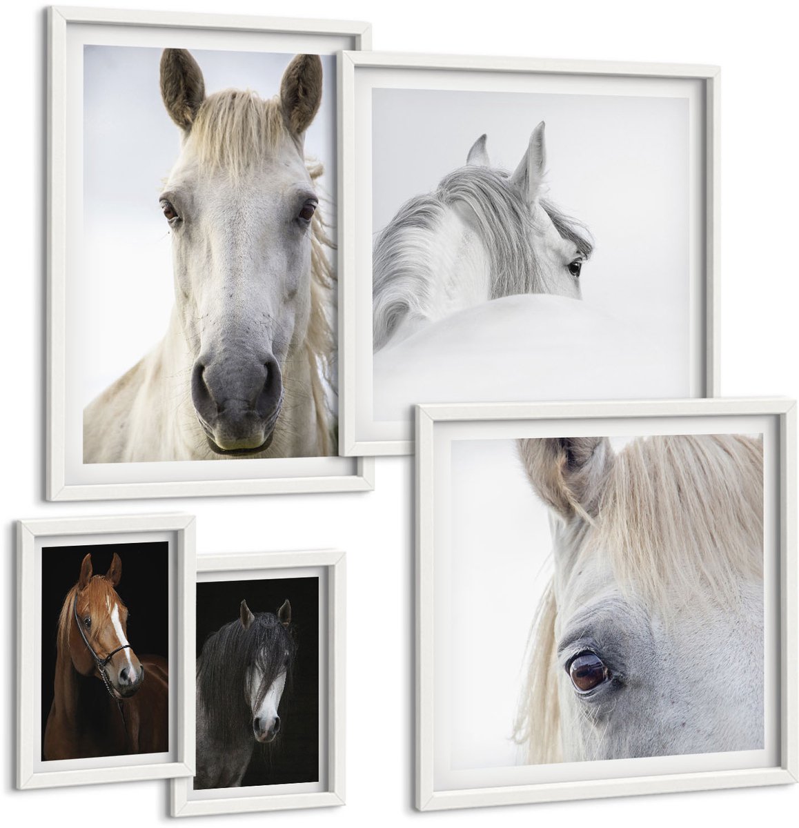 Wallfluent 5-Delige Schilderij Set - Paardenportretten In Diverse Perspectieven En Artistieke Stijlen. - 50 x 50 cm, 20 x 30 cm En 40 x 60 cm - Decoratieve Muurdecoratie - Slaapkamer - Moderne Wanddecoratie