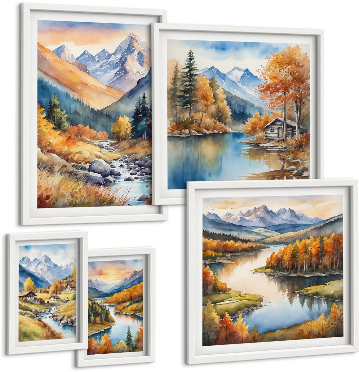 Wallfluent 5-Delige Schilderij Set - Herfstachtige Berglandschappen Met Rivieren En Huisjes In Het Bos. - 50 x 50 cm, 20 x 30 cm En 40 x 60 cm - Decoratieve Schilderijen - Wanddecoratie - Hal - Moderne Wanddecoratie