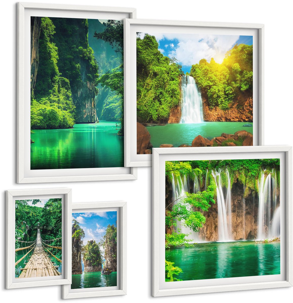 Wallfluent 5-Delige Schilderij Set - Tropische Landschappen Met Watervallen En Groen. - 50 x 50 cm, 20 x 30 cm En 40 x 60 cm - Decoratieve Muurdecoratie - Slaapkamer - Moderne Wanddecoratie