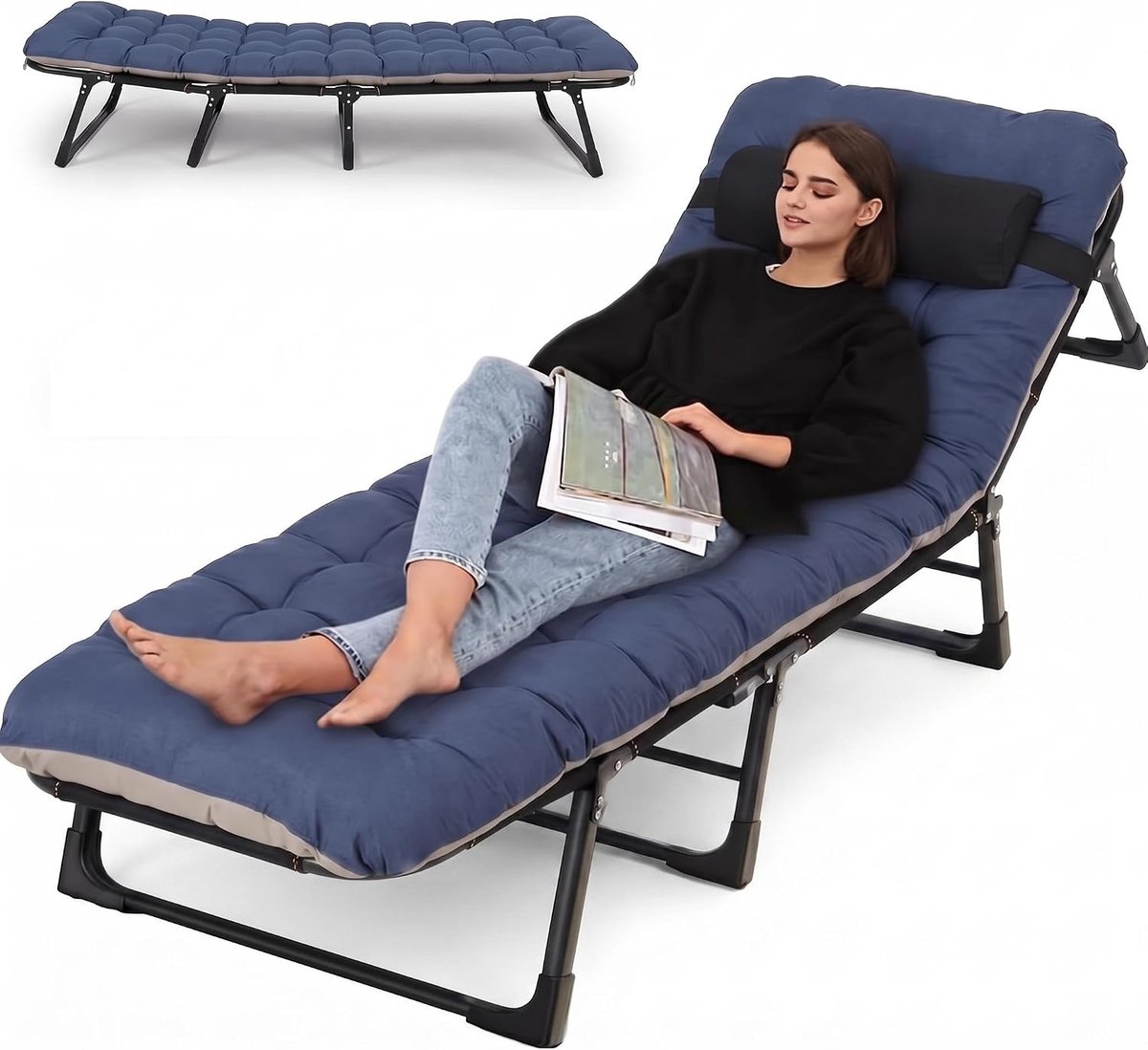 Opvouwbaar kampeerbed met matras - Stevig, draagbaar opvouwbaar bed met kussen - in 5 standen verstelbaar - 170×56×30 cm - draagvermogen 400 lbs - grijs