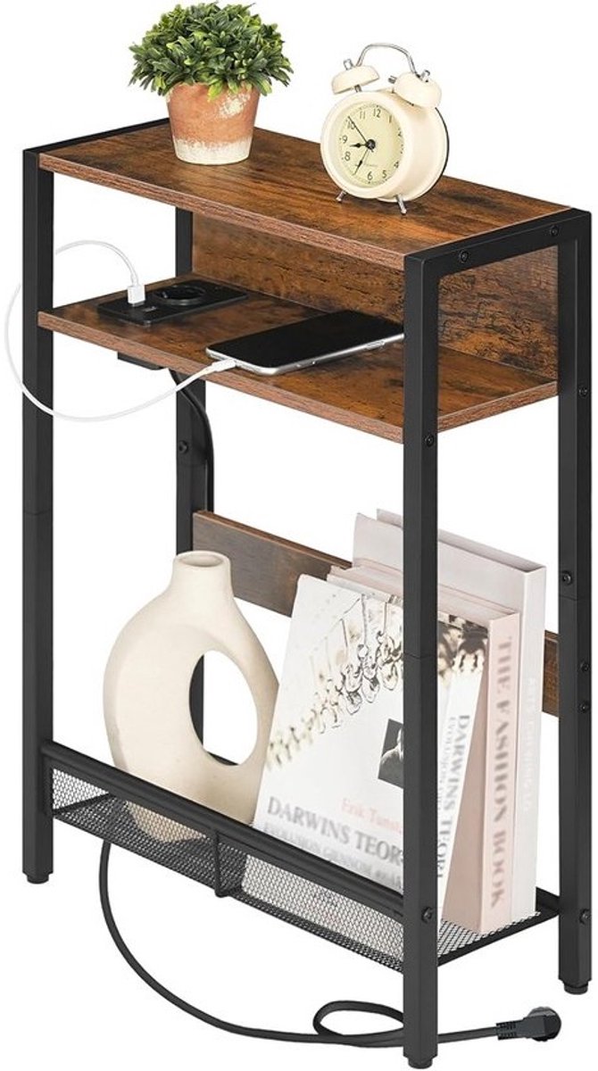 Compact bijzettafel met oplaadstation en twee houten bladen