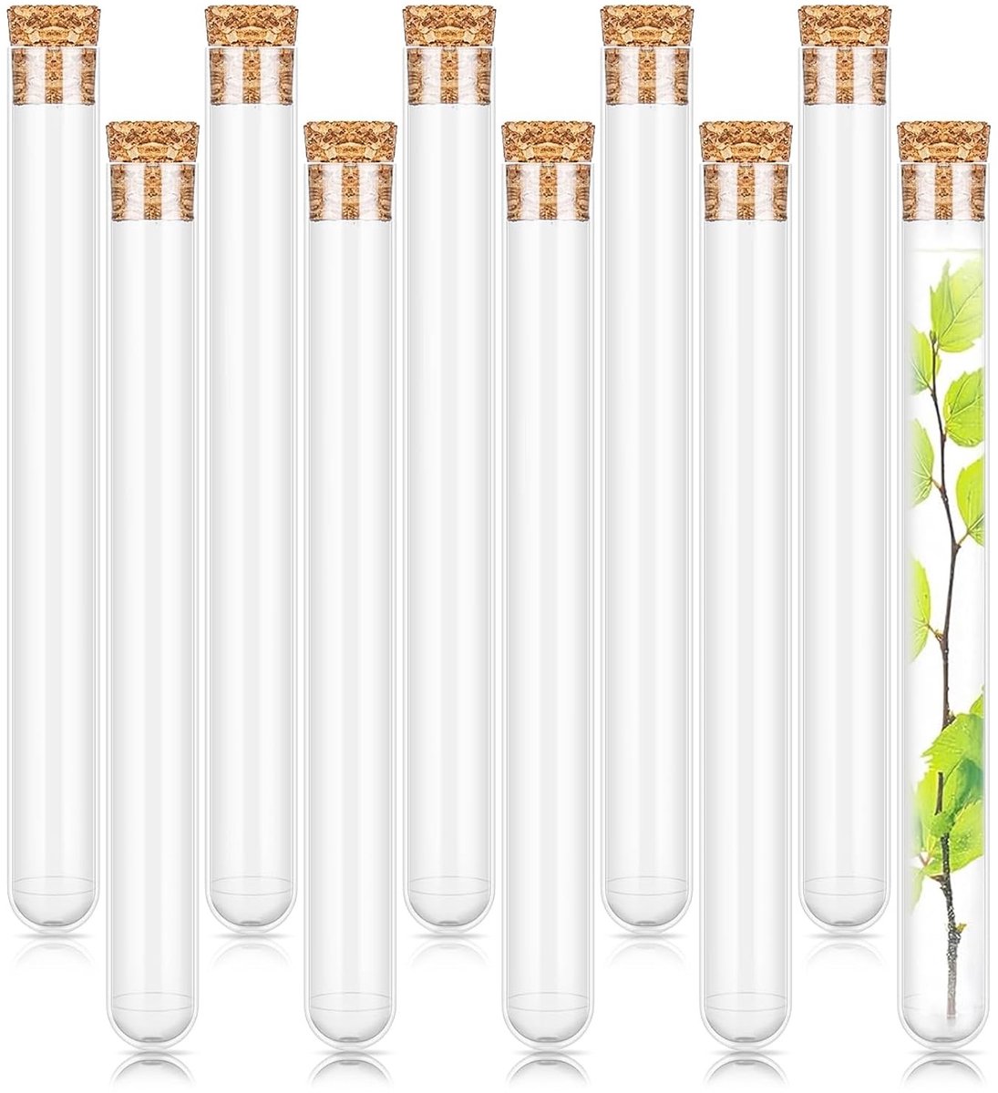 Set van 10 Transparante Plastic Probuizen met Kurk 16 x 150 mm voor Bloemen, Badzout en Laboratoriumgebruik