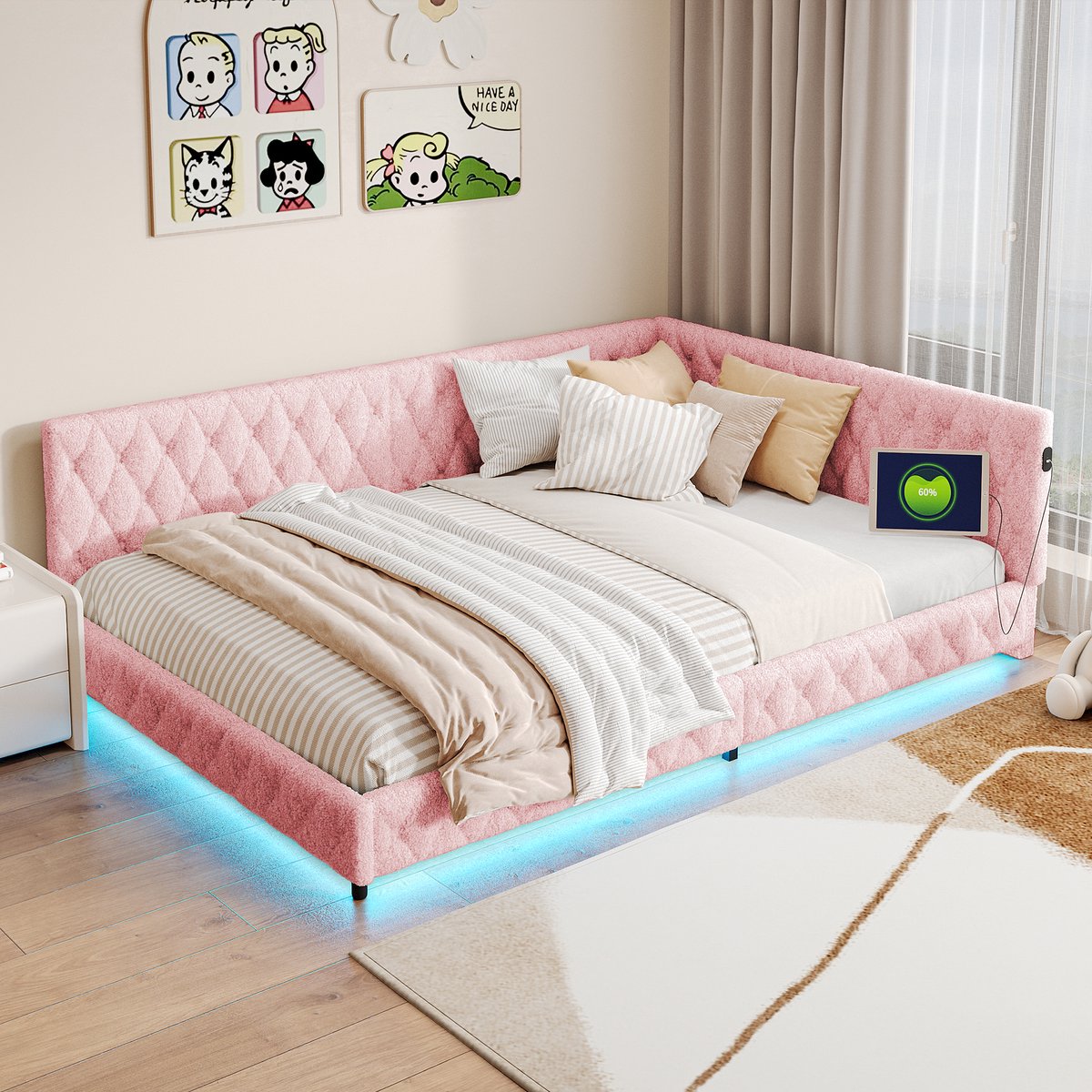 Tweepersoonsbed 140x200 cm, gestoffeerd bed met LED-verlichting en USB-aansluiting, slaapbank, lattenbodem, teddy stof, roze, zonder matras