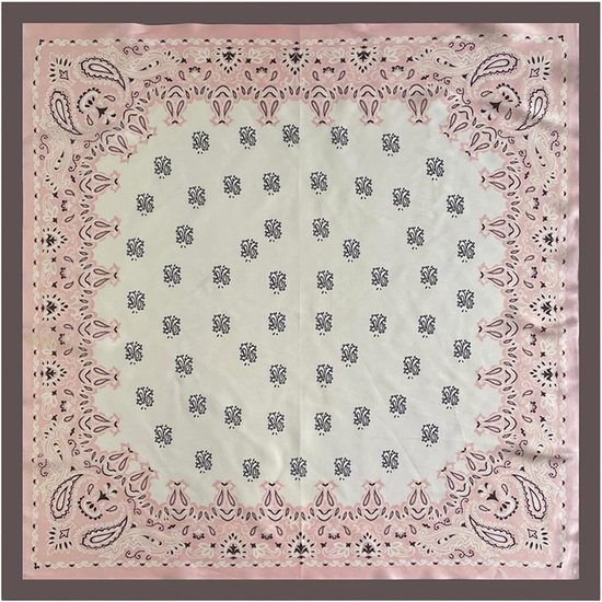 Vierkante sjaal met roze en witte paisley-print en een donkergrijze rand.