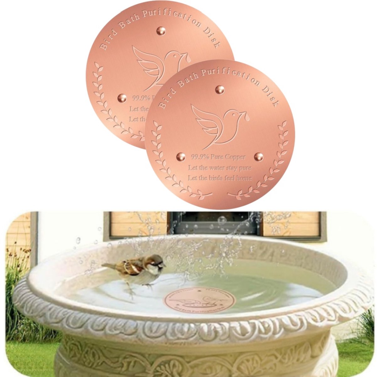 2-delige set - Vogelbadbakje van puur koper - 1 mm dikke plaat - Drinkbakje voor vogels - Badbakje voor vogels - 10 cm - Voor buitengebruik in de tuin, zodat vogels kunnen drinken en baden - Originele koperkleur