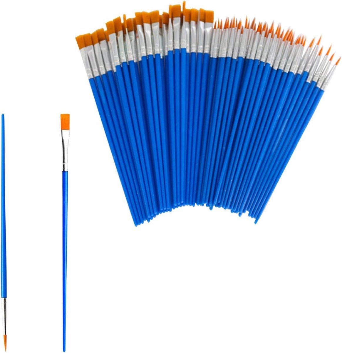 Complete Kwasten Set met 100 Stuks - 50 Ronde en 50 Platte Kwasten voor Acryl en Waterverf, Creatieve Kunstbenodigdheden voor Volwassenen en Kinderen