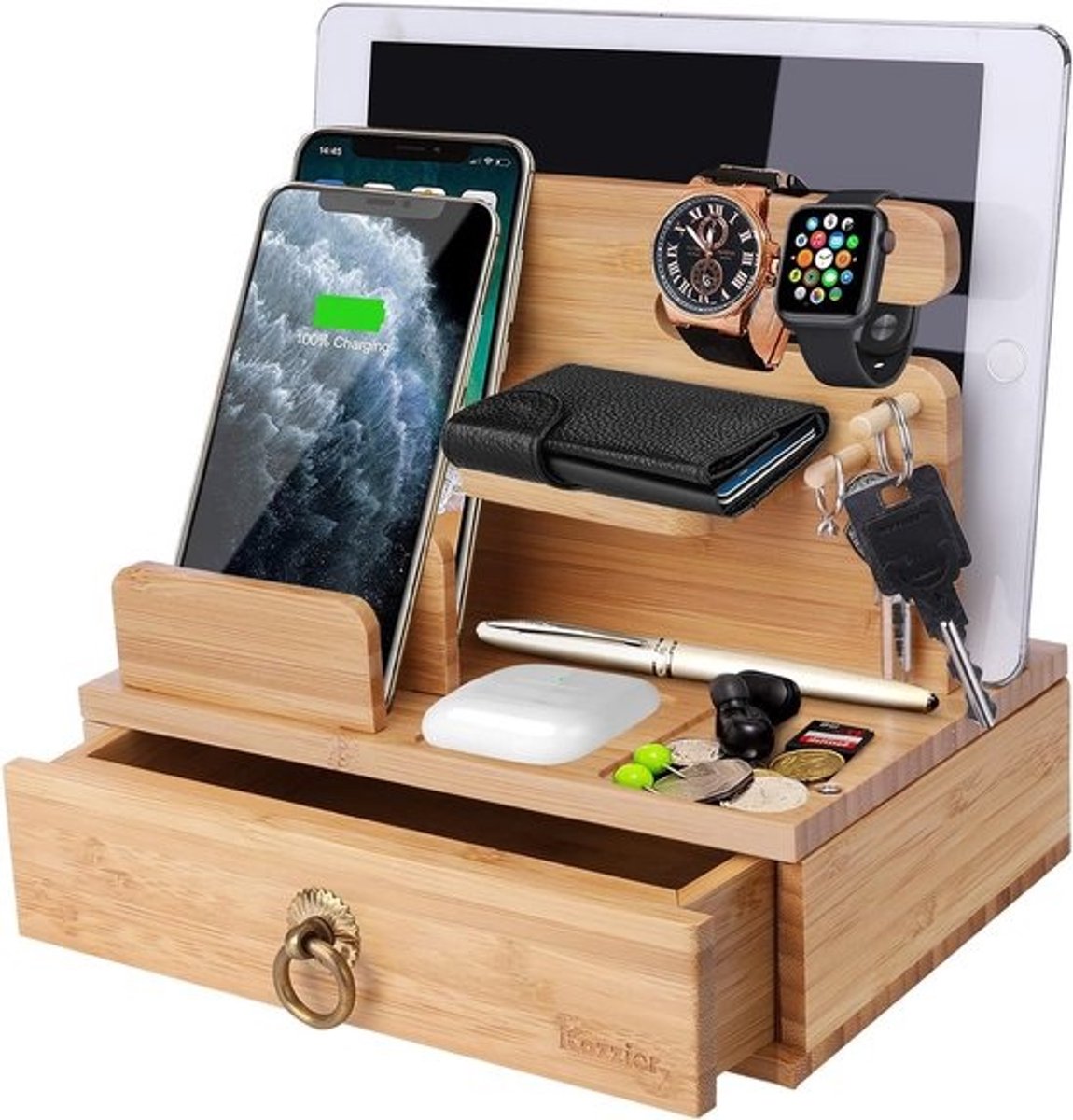 Bamboo Oplaadstation met Lade voor Smartphone, Tablet en Horloge