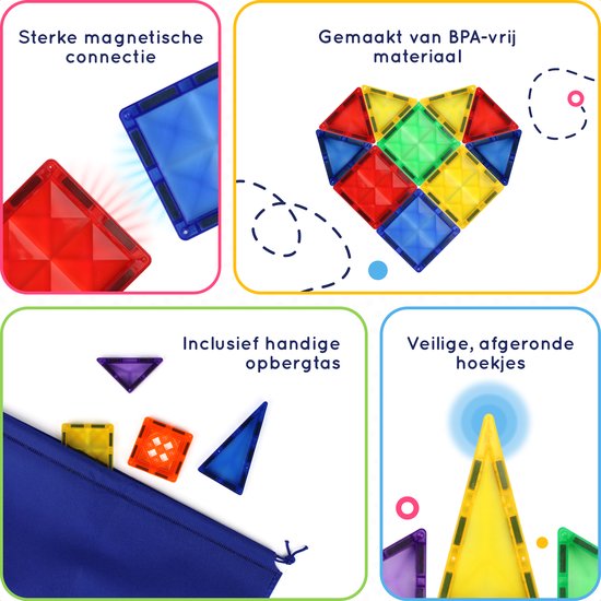 Close-up van magnetische bouwblokken die aan elkaar klikken, een hartvorm en een opbergtas.