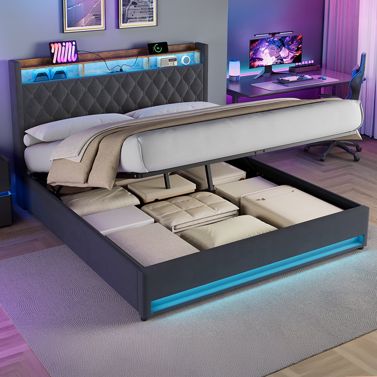 OKWISH Bed met Stoffering – 180 x 200 cm – met USB-Poort, 2 Stopcontacten en LED-Verlichting – Fluweel – Grijs – met Opbergruimte Donkergrijs