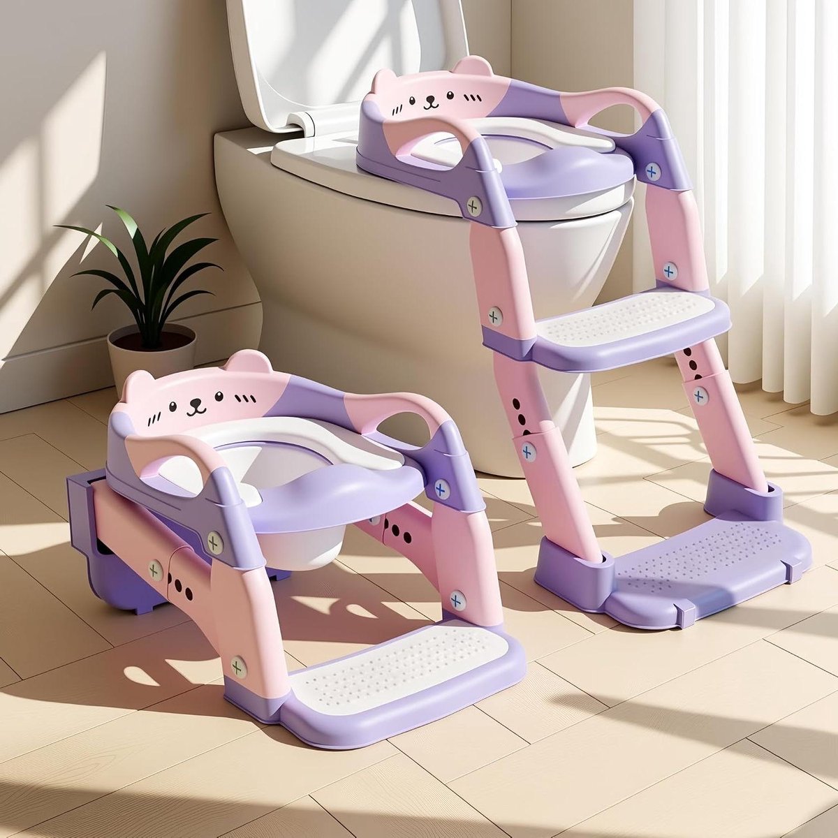 Kindertoiletbril met trap - Zindelijkheidstrainer potje - Zelfstandig naar toilet - 3-in-1 inklapbaar ontwerp - 34 x 29 cm - Paars