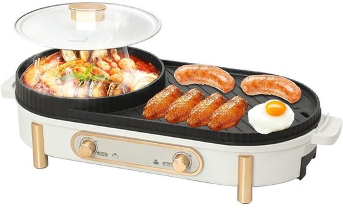 Elektrische Hot Pot Grill - 2-in-1 Kookpot - Gezellig Tafelen - Dubbele Verwarming - Voor 3-6 Personen - Wit