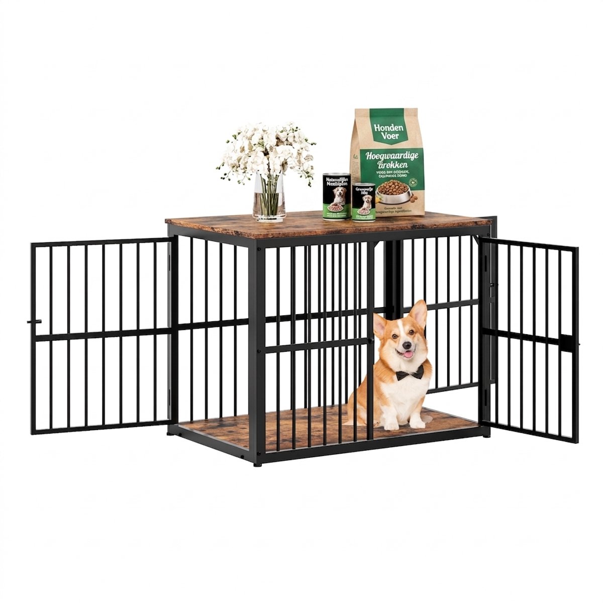 Hondenbox - Hondenhok - Bench - Modulaire Hondenbench 84 x 56 x 66 cm – Hondenkooi Meubel met 3 Deuren en Waterbestendig Blad – Retrobruin