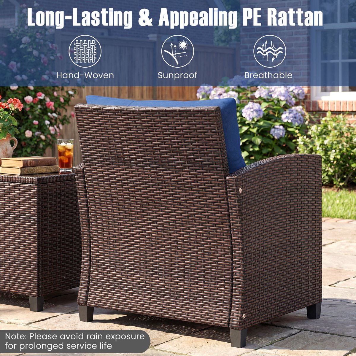 SureDeal® - Tuinset - 3-delige Rotan Bistroset - Stoelen - Tafel - Gehard Glazen Blad - Kussens Loungeset - 67x64x77 cm - Naturel