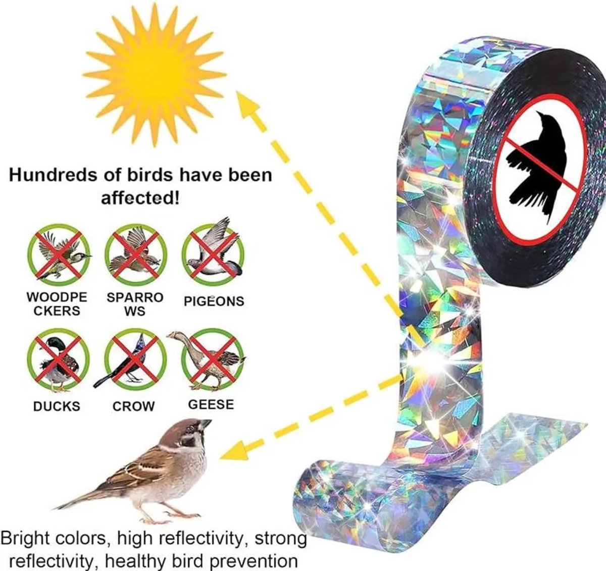 Vogelwerend tape, duivenwerend tape, vogelverschrikkertape, reflecterende vogelwerend tape (Geschikt voor vogelbestrijding).