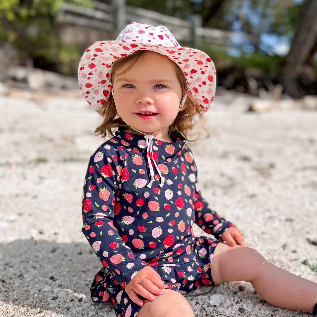 Toddler Girls Cotton Sun Hats 50 UPF, Drawstring Adjustable, Stay-on Tie (M: 6-24m, Strawberry) - ShopVlot