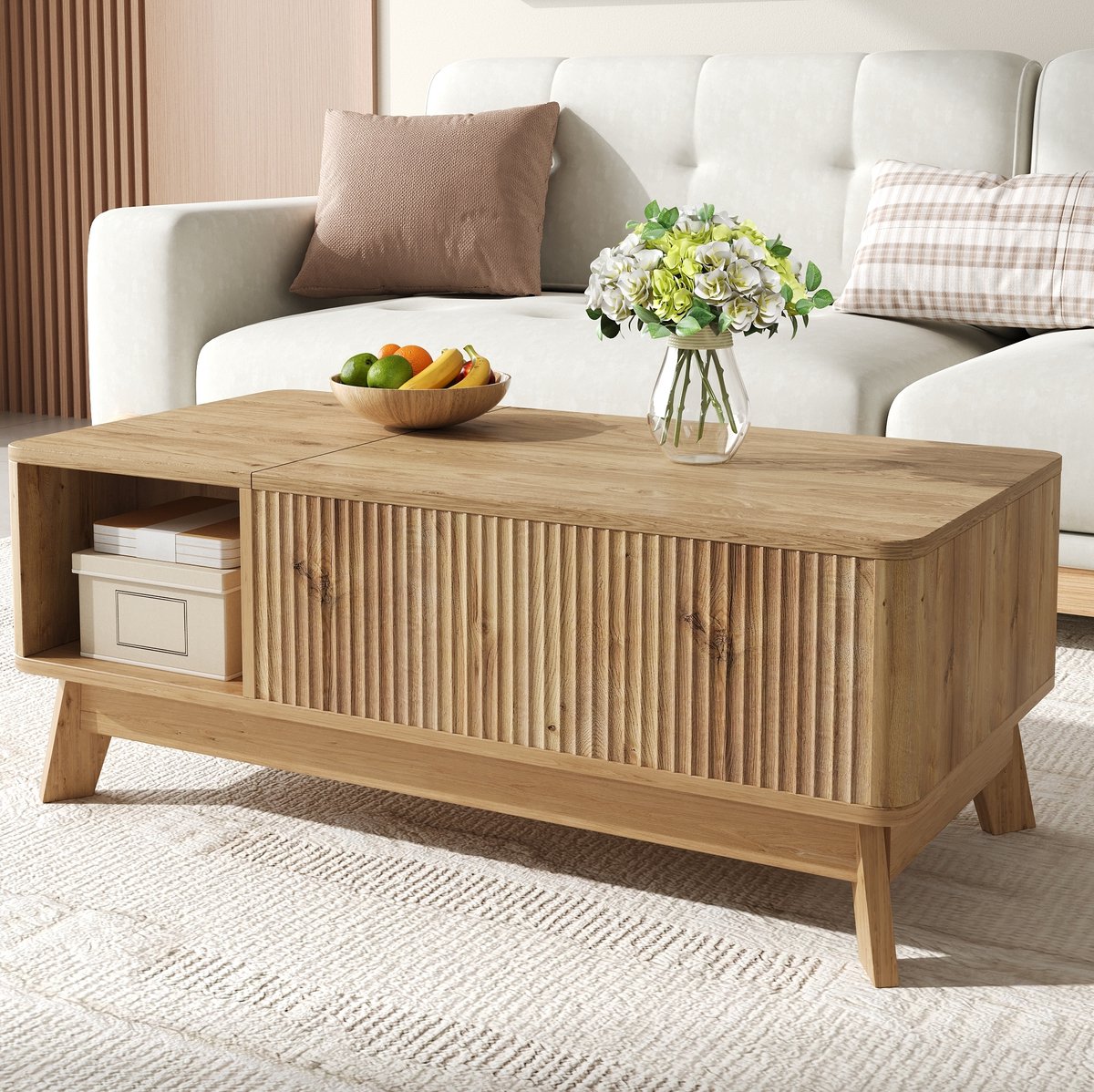 REDOM - Salontafel - In hoogte verstelbaar tafelblad - Verborgen opbergruimte en open zijvak - Moderne stijl - Woonkamer - MDF - Naturel - 95 x 48 x 50 cm