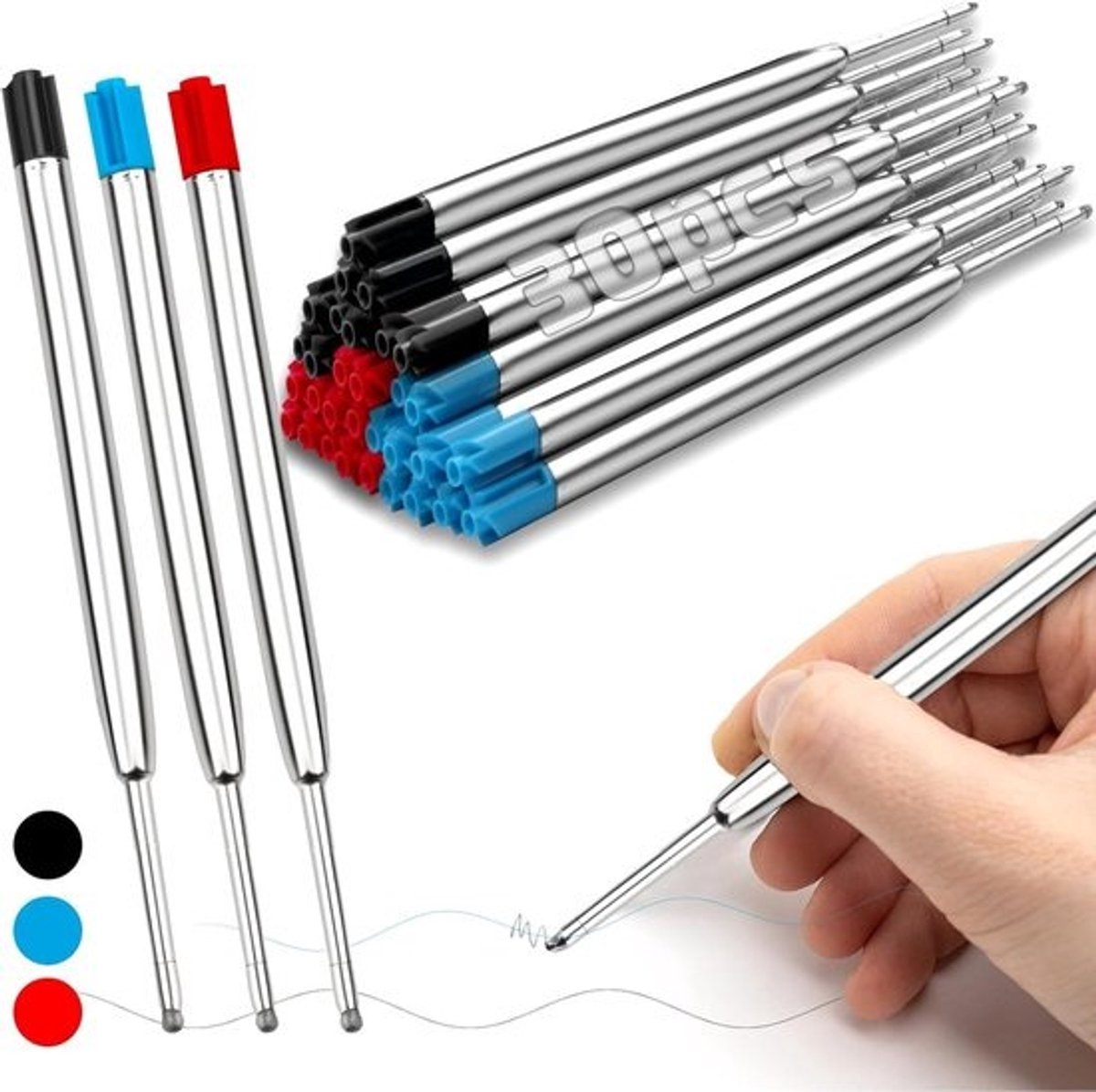 30 Stuks Balpen Navullingen Kleurenset - Blauw, Zwart, Rood - Geschikt voor G2 Balpennen - 1mm Dikte