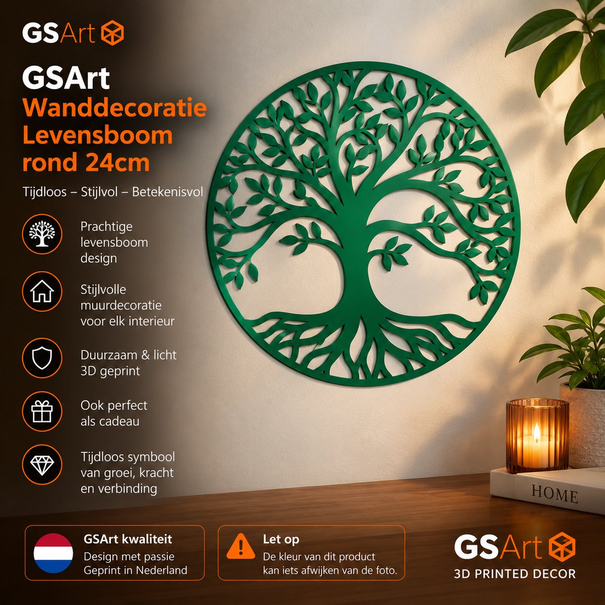 GSArt Wanddecoratie Levensboom Rond 24 cm – Muurdecoratie Tree of Life – 3D Geprint - Maretak Groen
