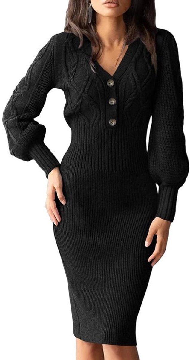 Elegante Dames Trui-jurk met Lange Mouwen en V-hals | Warme Midi-jurk voor Herfst en Winter