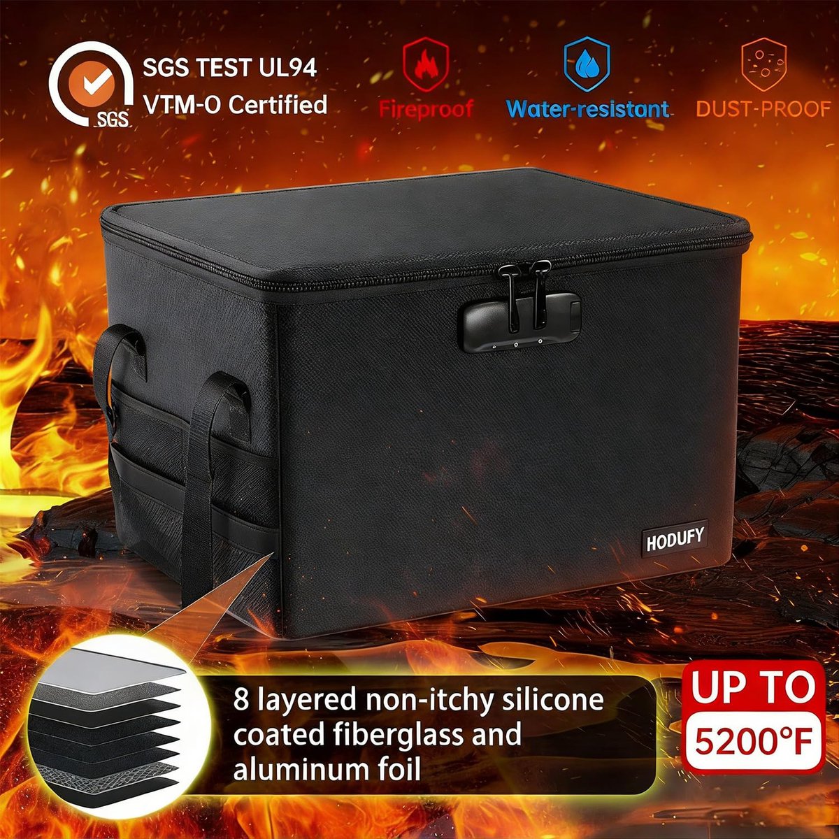 Brandwerende Documentenbox - 5200℉ - Waterdicht - 8-laags - Met slot - Opvouwbaar - Voor documenten, geld en hangmappen - 409 x 322 x 270 mm