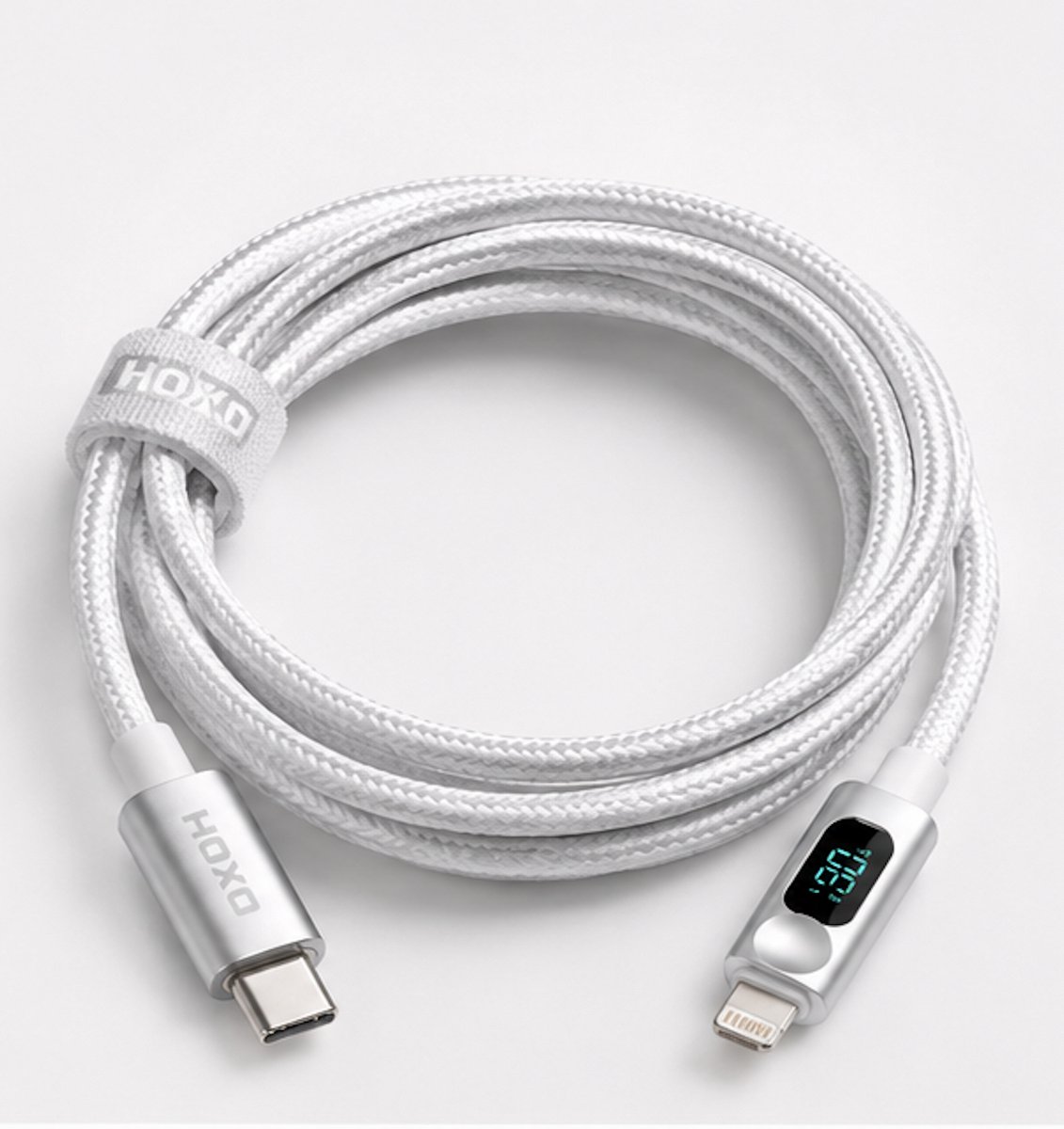 HOXO USB-C naar 8-Pin Kabel 2 Meter – 30W PD Snelladen – Oplaadkabel met Digitaal Display – Gevlochten Kabel – Witkabel