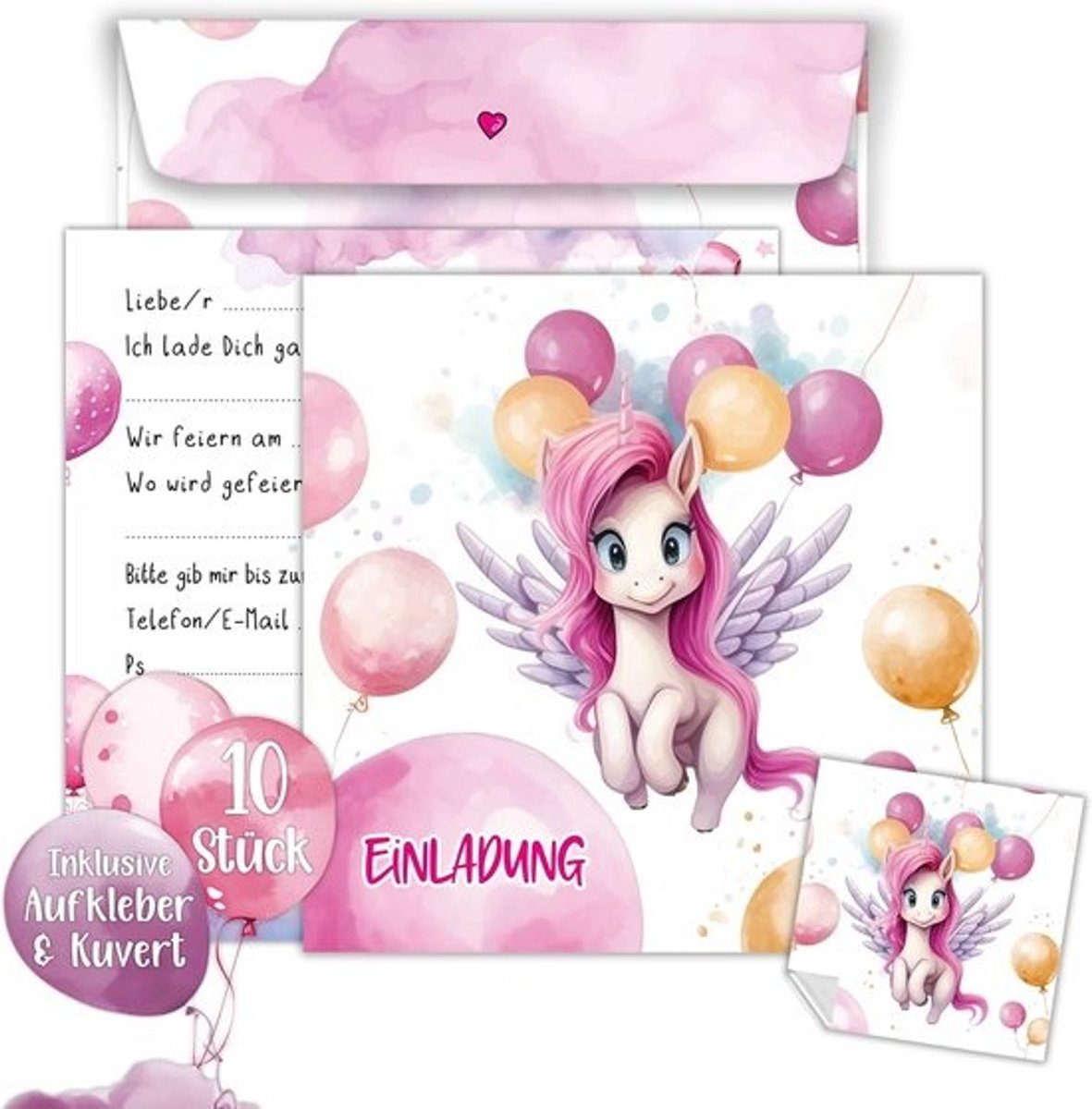 10 XXL Uitnodigingskaarten Eenhoorn met Enveloppen en Stickers voor Kinderfeestje