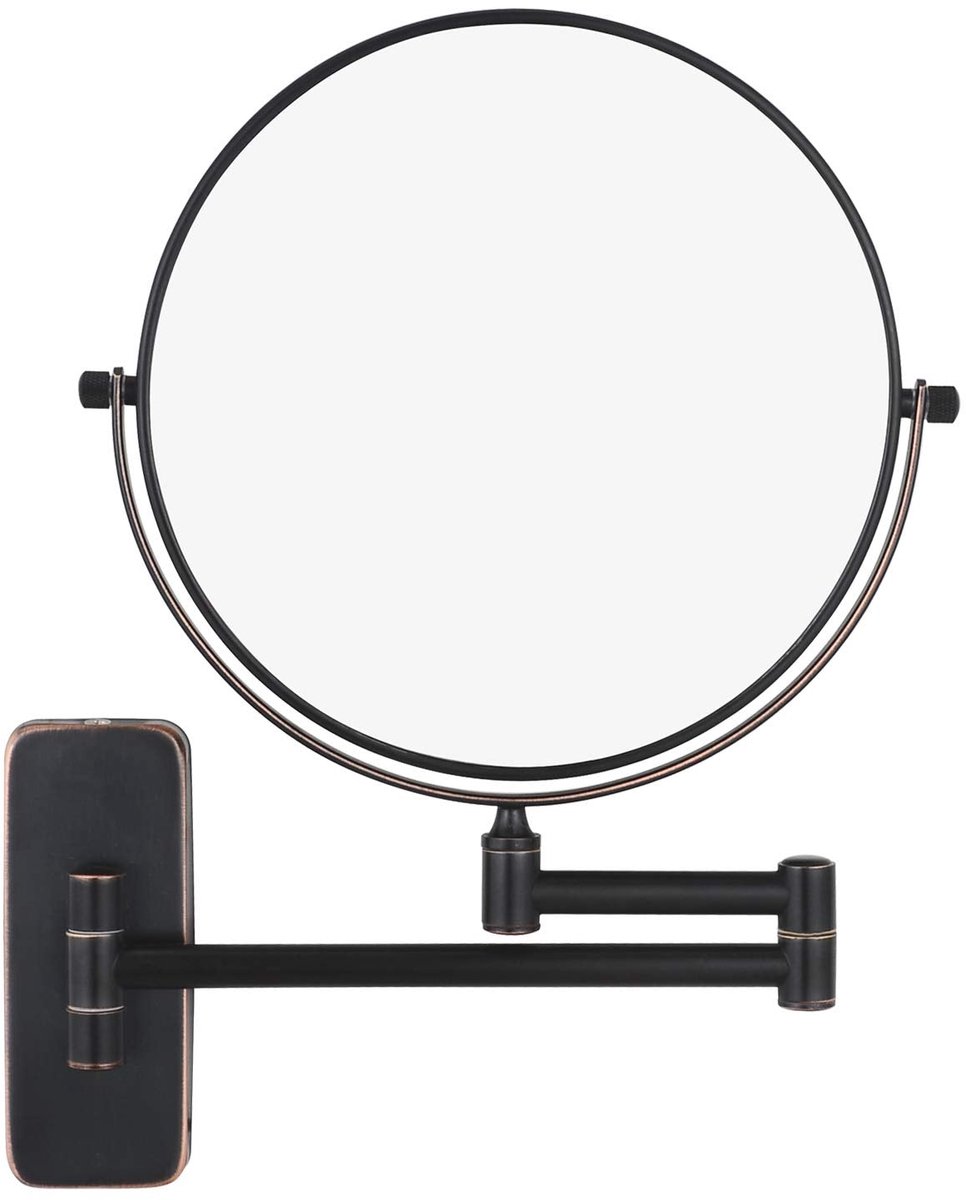 Scheer- en Make-upspiegel - 10x Vergroting - Uitschuifbaar Dubbelzijdig voor Wandmontage Badkamer - Zwart Brons - Diameter 20 cm