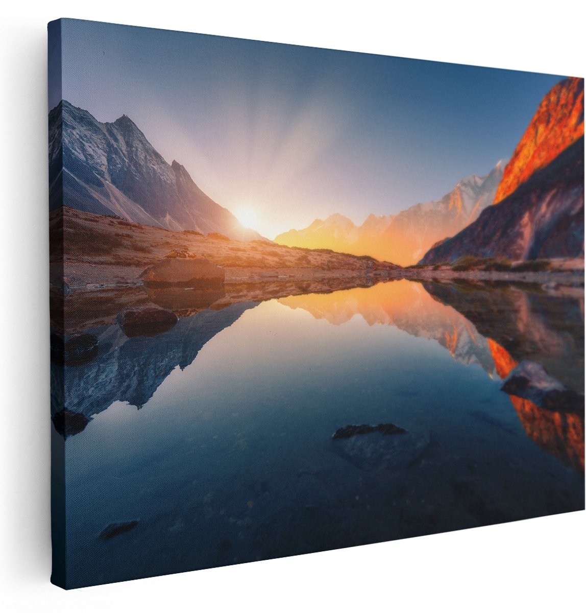 Artaza Canvas Schilderij Bergen Landschap Met Zonsopgang - 160x120 cm - Groot - Wanddecoratie Woonkamer - Schilderijen - Muurdecoratie
