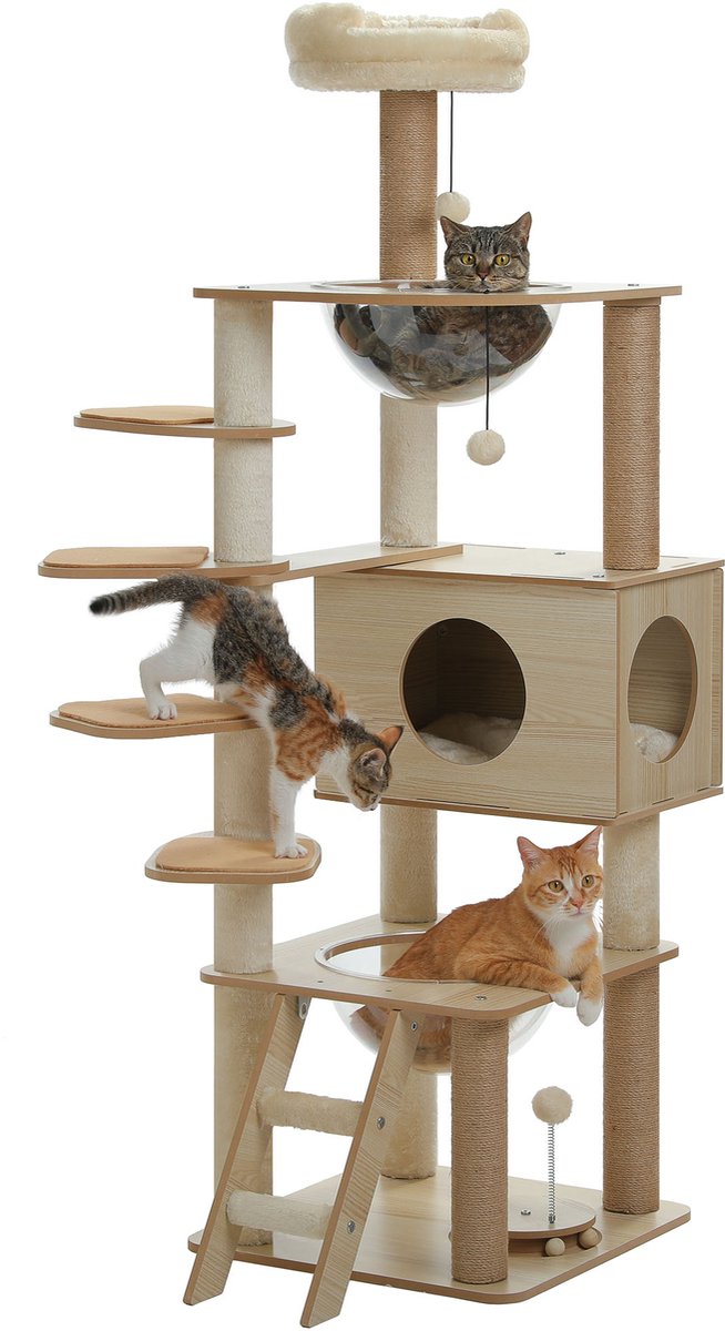 Kattenu WoodMansion - Grote houten krabpaal voor katten - Unieke krabpaal hout