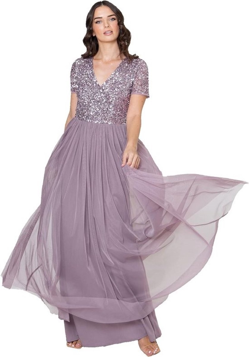 Chique Avondjurk Dames Plus Size Empire Taille Pailletten Korte Mouw Bruiloft Gast