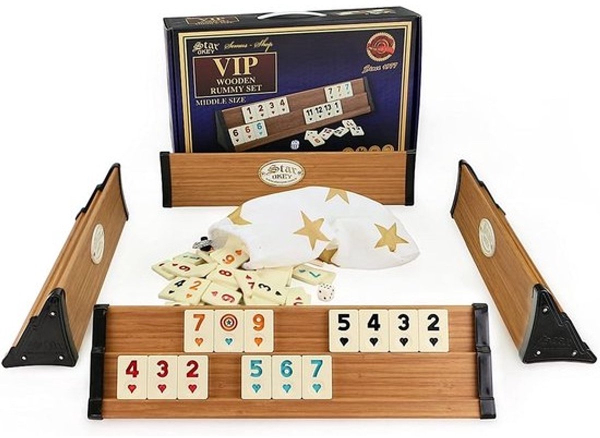 Compacte Rummy en Okey Set met Melamine Stenen en Houten Stands